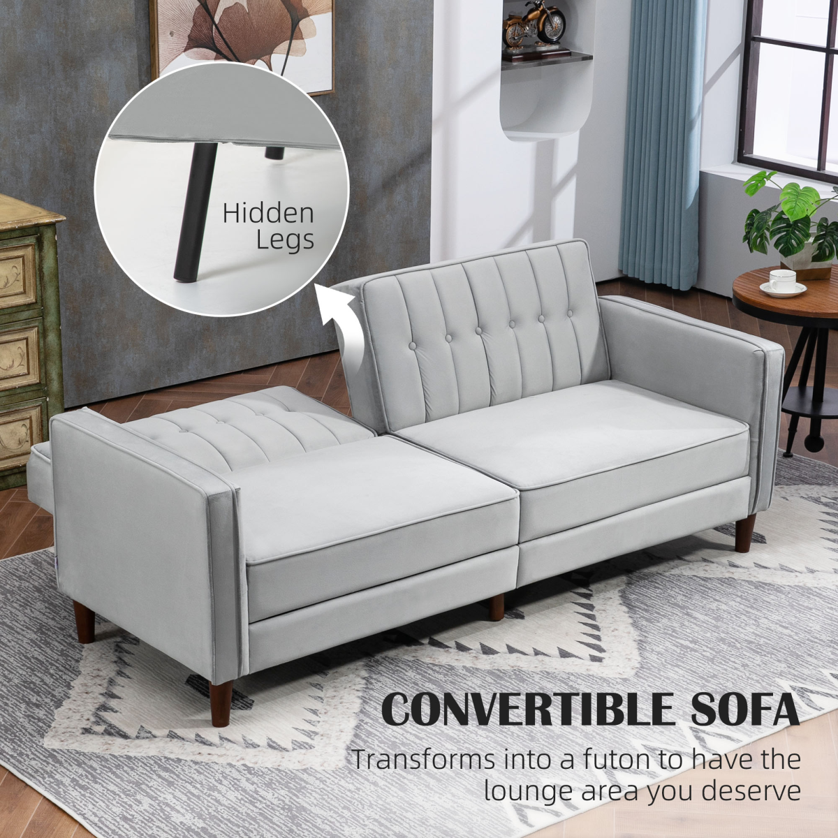 HOMCOM Convertible Sofa Futon Velvet-Touch Tufted Couch Sofa Bed Split Back Grey - Image 4