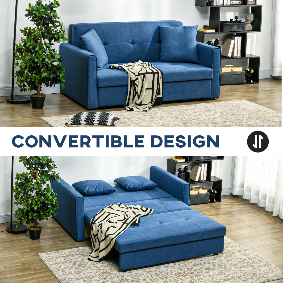HOMCOM 2 Seater Sofa Bed Convertible Bed Settee w/ 2 Cushions Storage Blue - Image 4