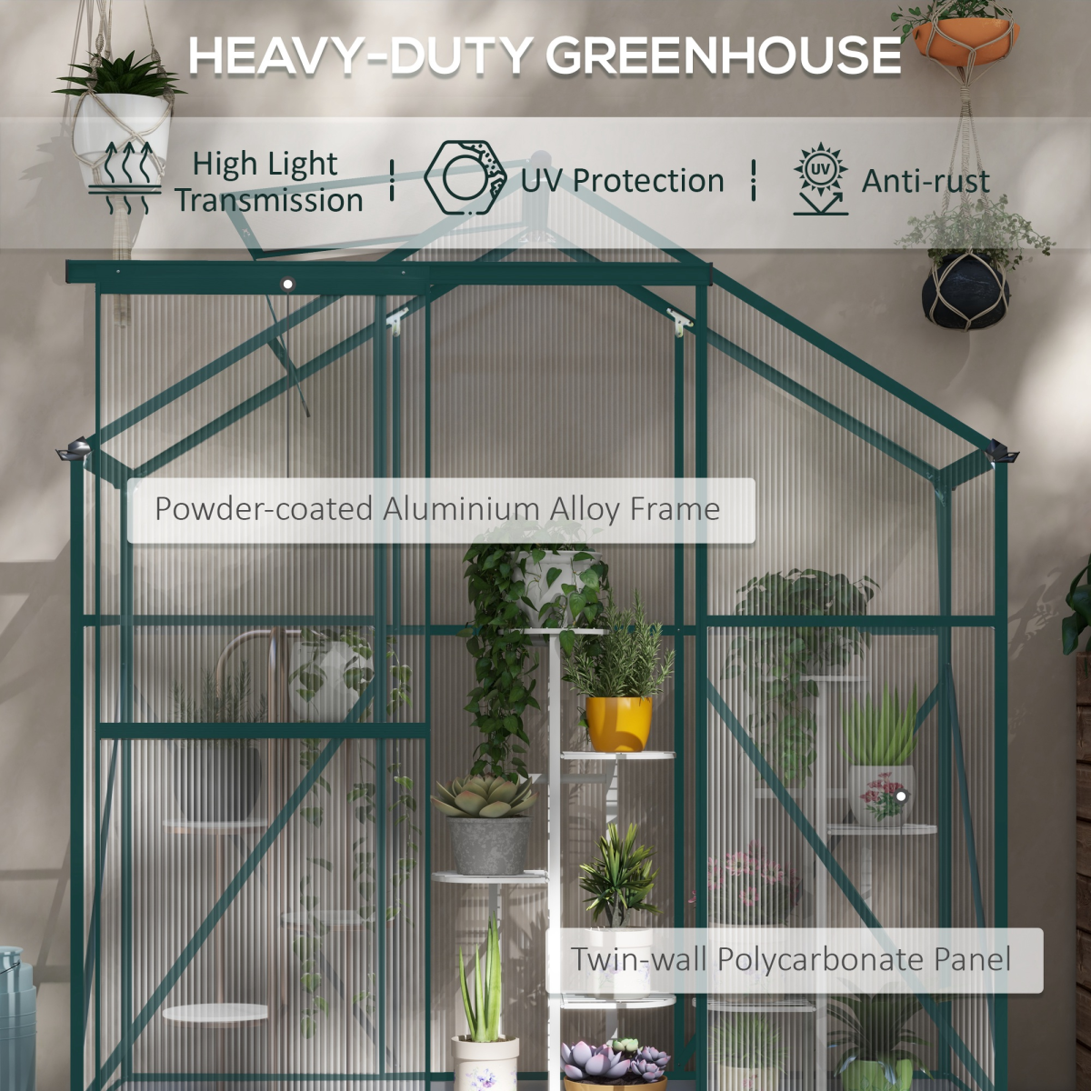 Outsunny 6 x 2.5ft Polycarbonate Greenhouse Aluminium Green House, Green - Image 4