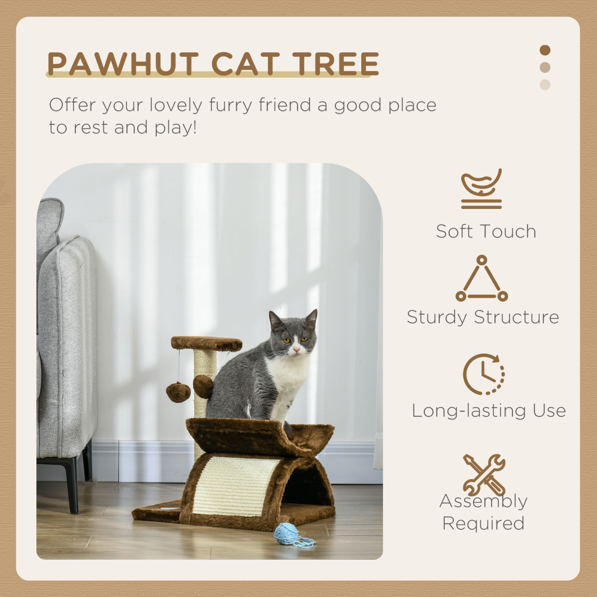 Cat Tree Plush Scratcher Kitty Activity Play Center Top Bar Tunnel Dangling Ball - Image 4
