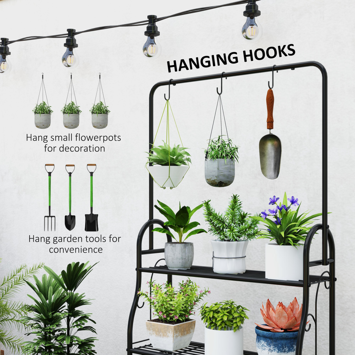 Outsunny 3-Tier Metal Plant Stand w/ Hanging Hooks, Outdoor Balcony, Black - Image 4