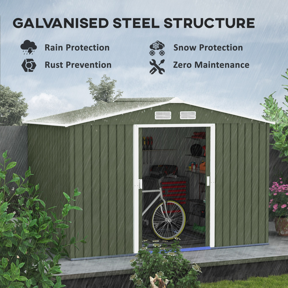 9x6FT Green Metal Storage Shed w/ Foundation, Vent & Sliding Double Doors - Image 4