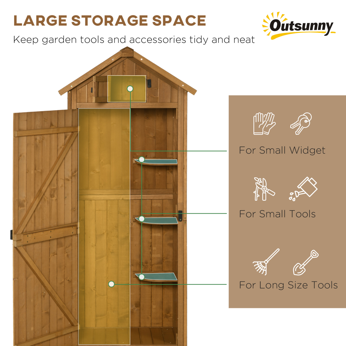Brown Wooden Garden Shed with 3 Shelves, Weather-Resistant Outdoor Storage - Image 4