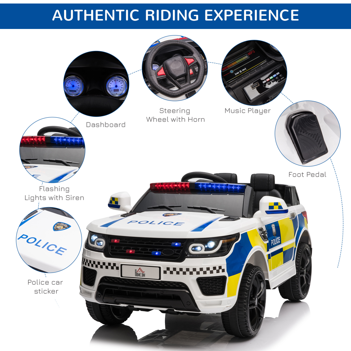 12V Kid Electric Ride On Police Car w/ Remote Siren Bluetooth 3-6 Years HOMCOM - Image 4