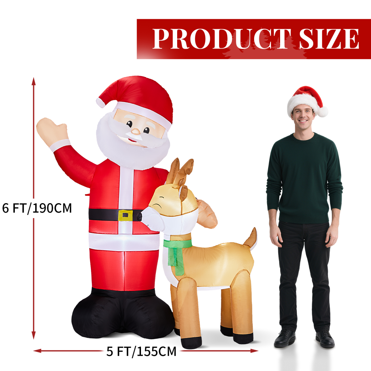1.9M Lighted Christmas Inflatable Decoration, Inflatable Santa and Reindeer, Funny Blow Up Yard Decorations with Built-in LED Lights for Holiday Party Front Yard Lawn Garden Decor - Image 5
