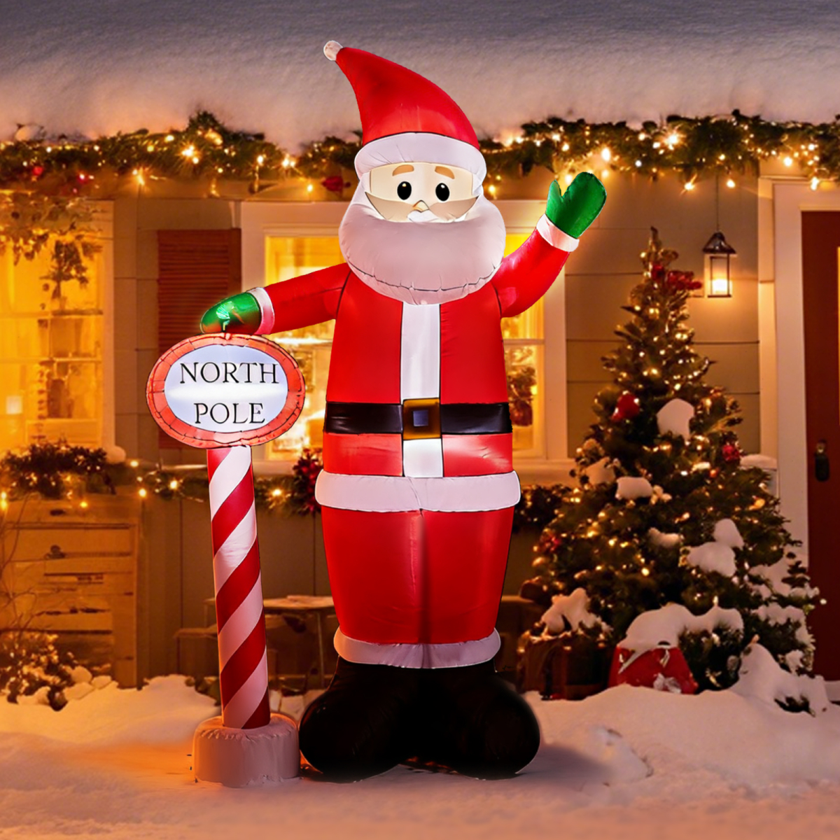 2.45M Lighted Christmas Inflatable Decoration, Inflatable Santa with North Pole Road Sign, Funny Blow Up Yard Decorations with Built-in LED Lights for Holiday Party Front Yard Lawn Garden Decor - Image 5