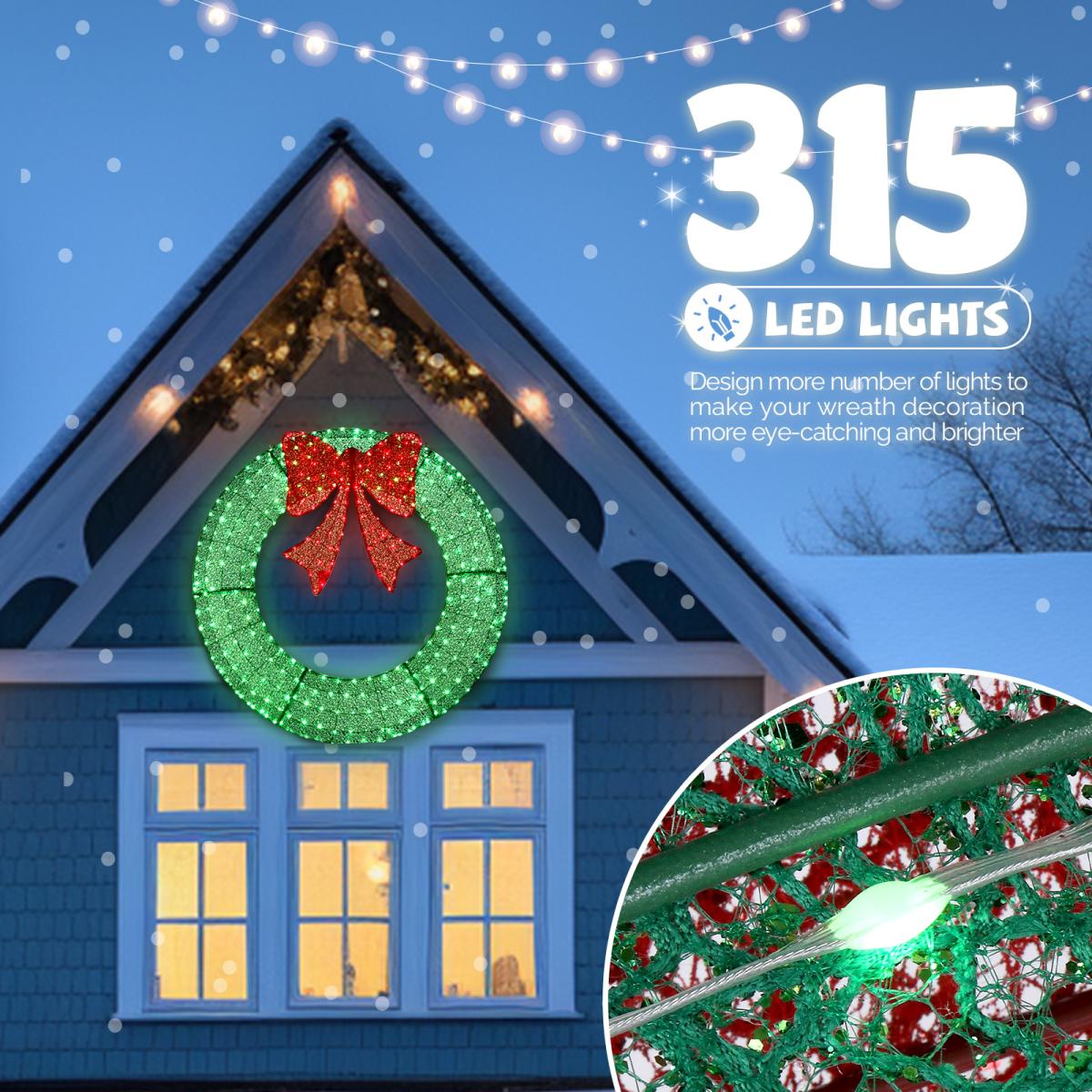120cm Pre-lit Outdoor Christmas Wreath Decoration, Lighted Metal Wreath with Red Bow, Remote Control LED Lights with Timer, for Front Door Gate Wall Indoor Outdoor Holiday Party, Green - Image 4