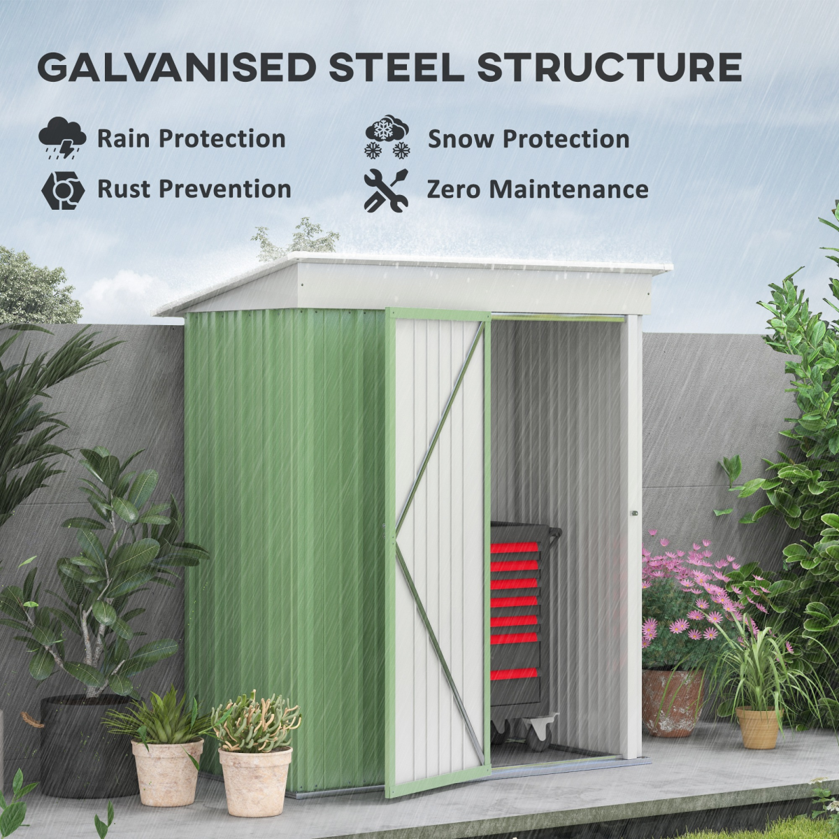 Outsunny 5x3 ft Lean-to Steel Garden Shed, Lockable Door, Green, Small Storage - Image 4
