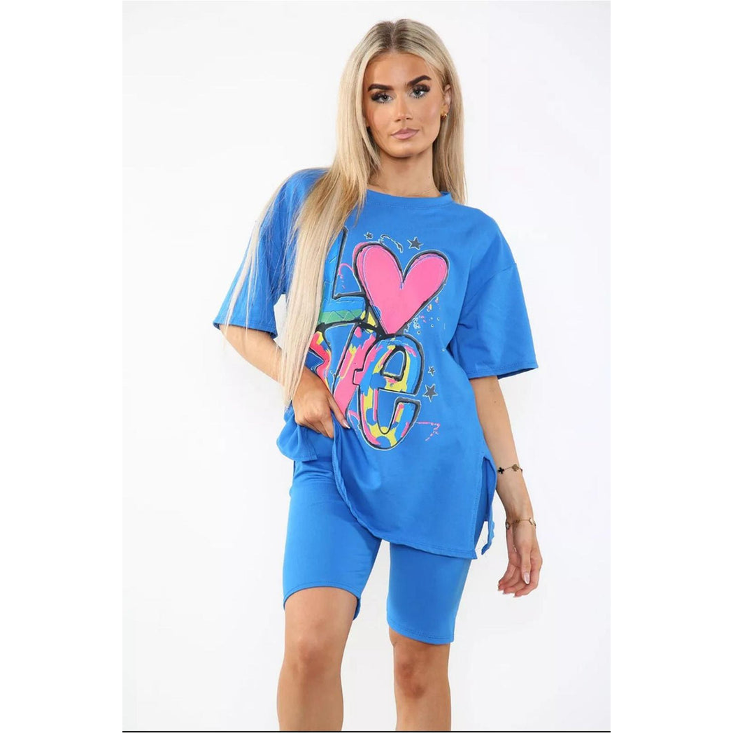 Cycling Short and T-Shirts Co-Ord Two Piece Side Slit Set with Front Printed Slogan - Image 3