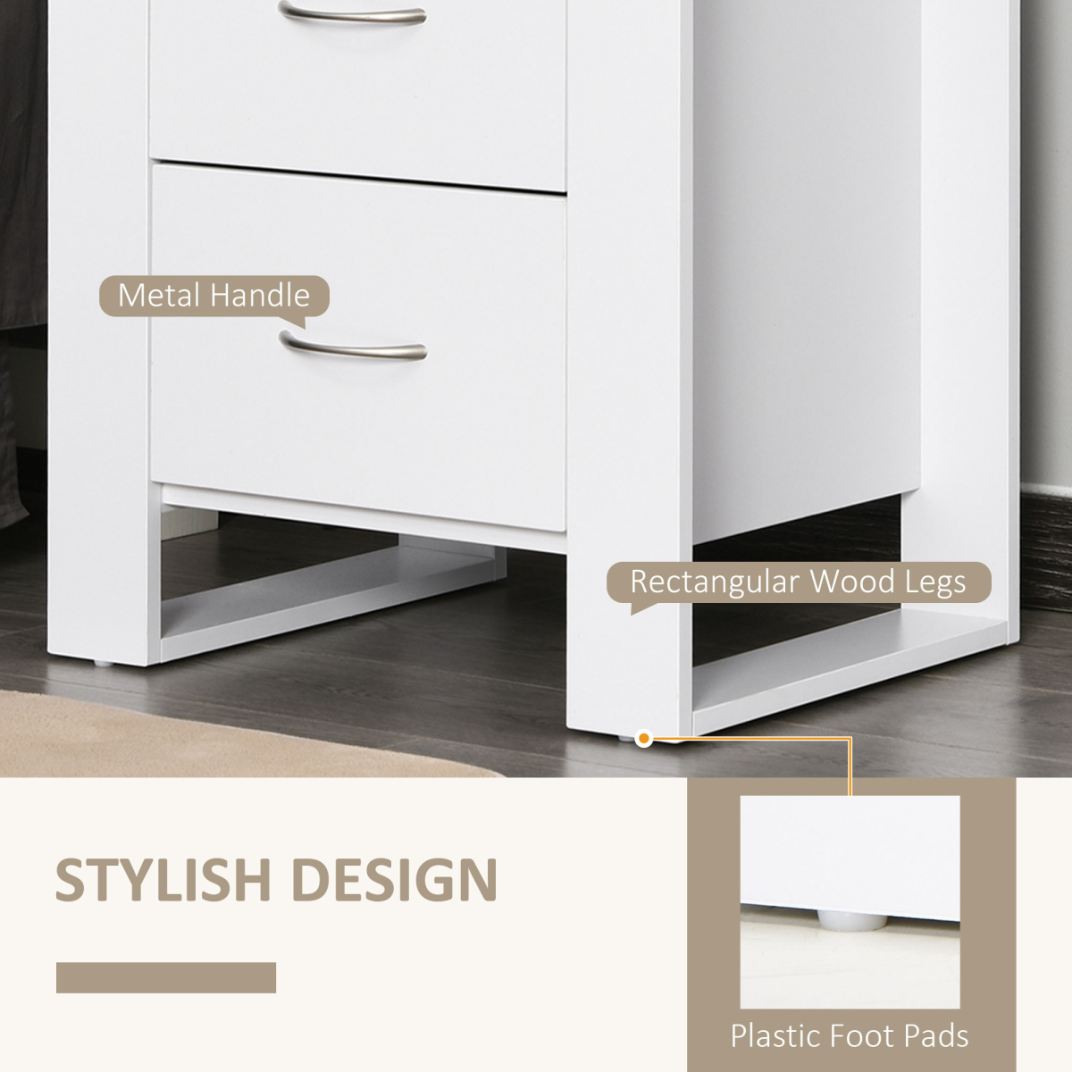 White Particle Board 2-Drawer Bedside Table with Silver Handles - Image 5