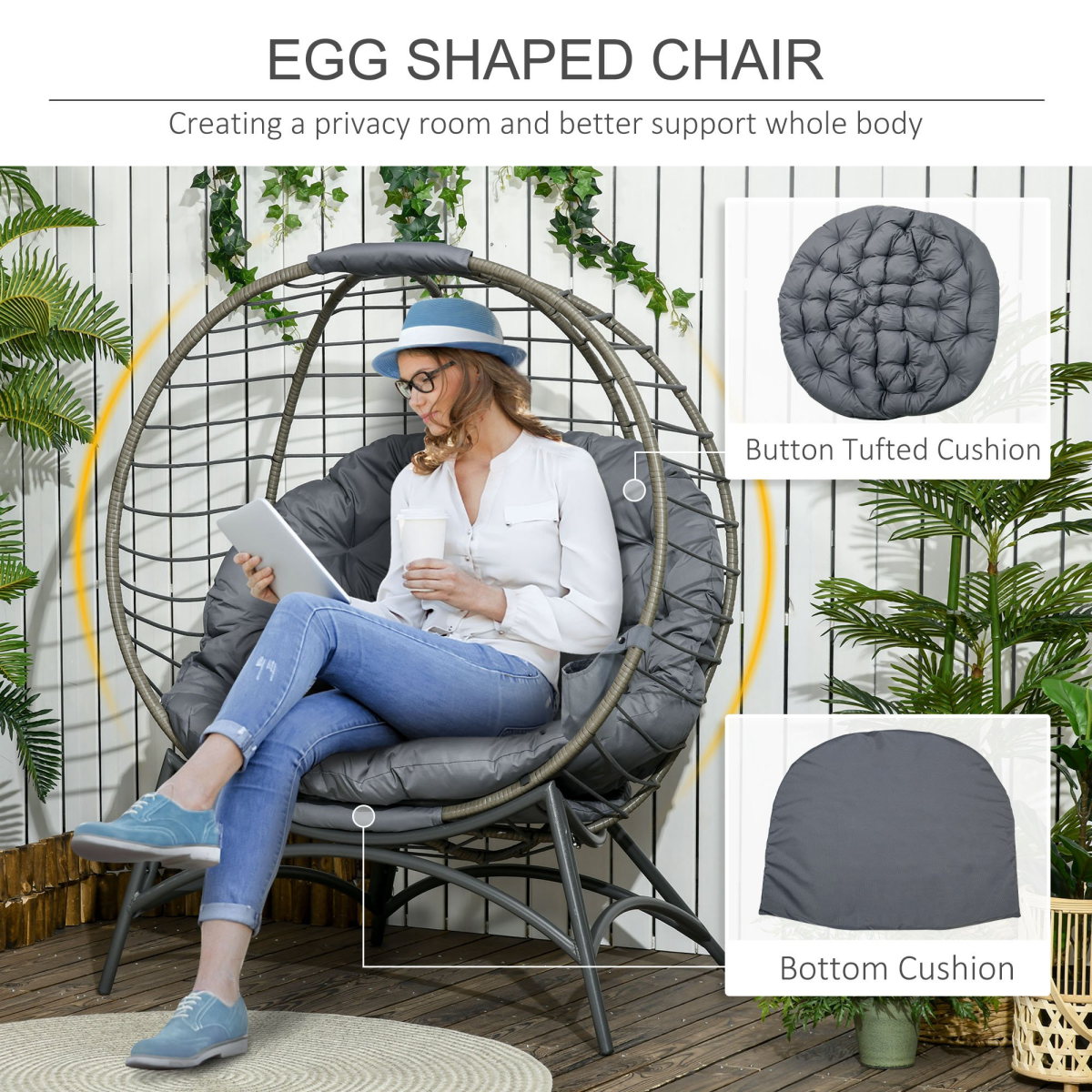 Outsunny Rattan Egg Chair with Cushion & Folding Bottle Holder Basket Bag - Image 5