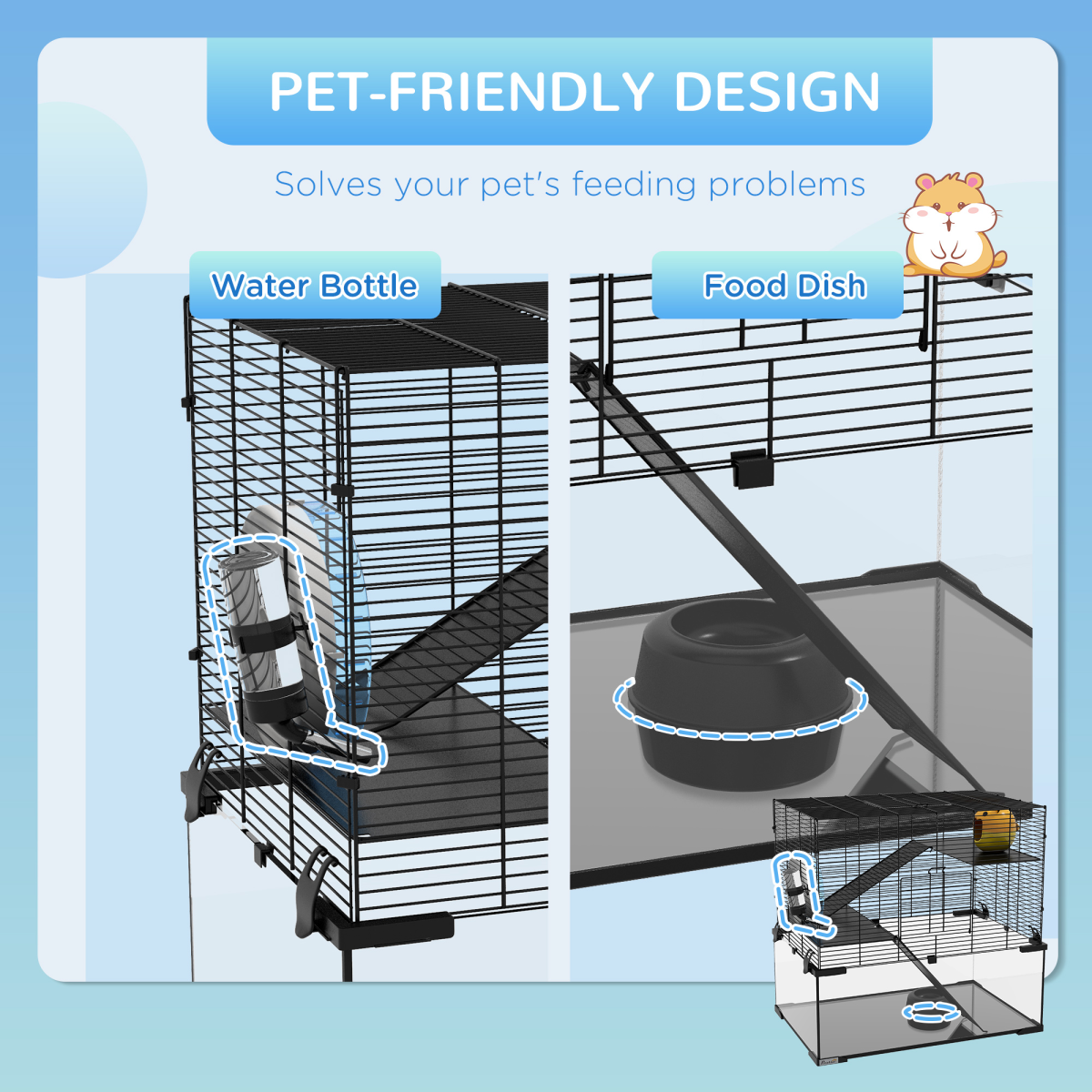 3 Tiers Hamster Cage w/ Deep Glass Bottom, Dish, Hut, 60 x 40 x 57cm - Image 5