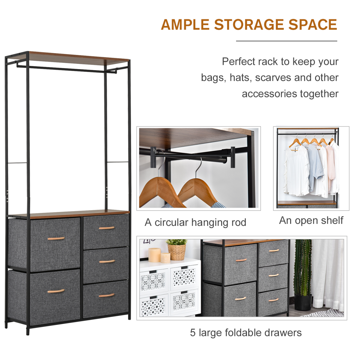 175x83cm Freestanding Steel Coat Rack with Drawers & Oak Shelf - Image 5