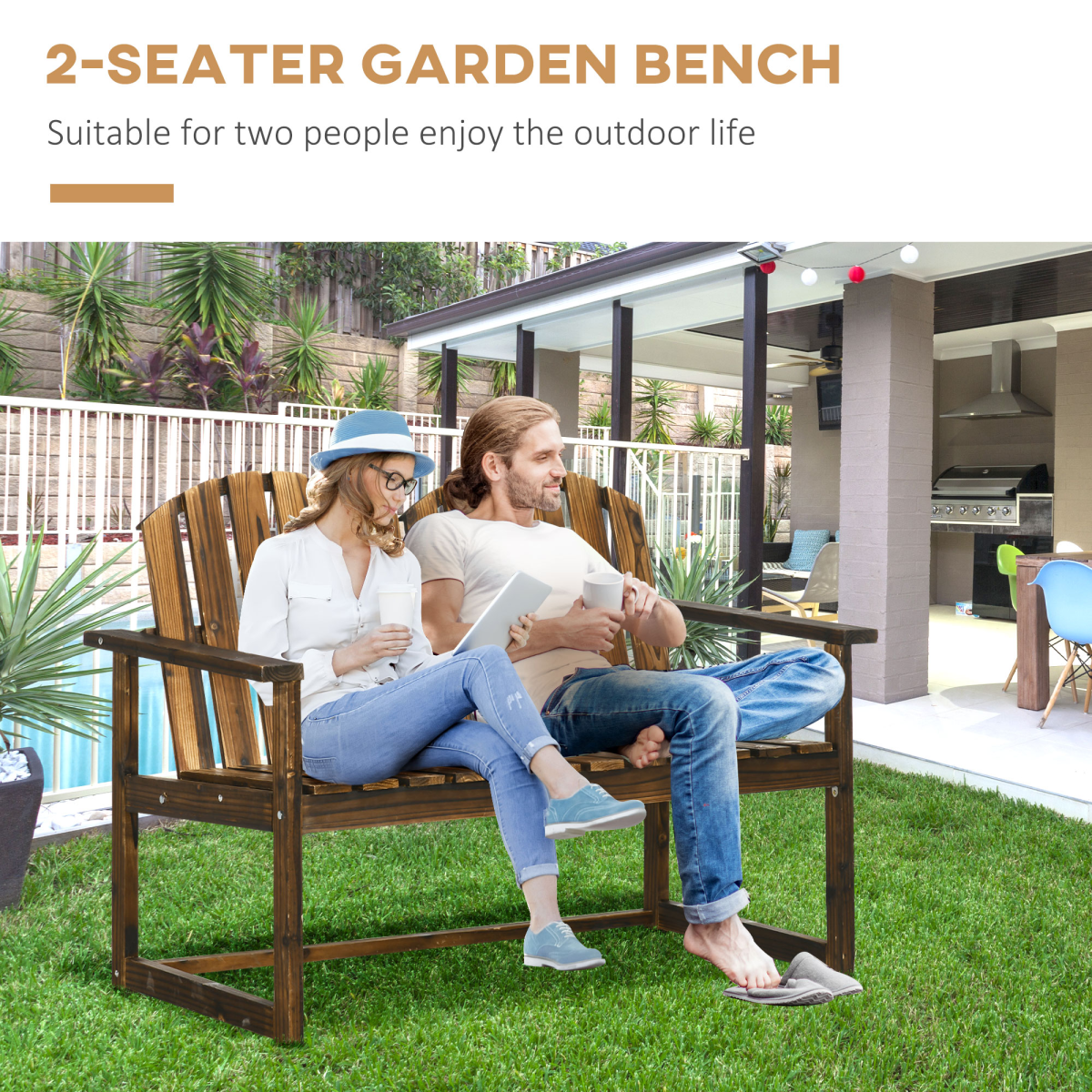 Outdoor Wooden Garden Bench, Patio Loveseat Chair with Slatted Backrest and Smooth Armrests for Two People - Image 5