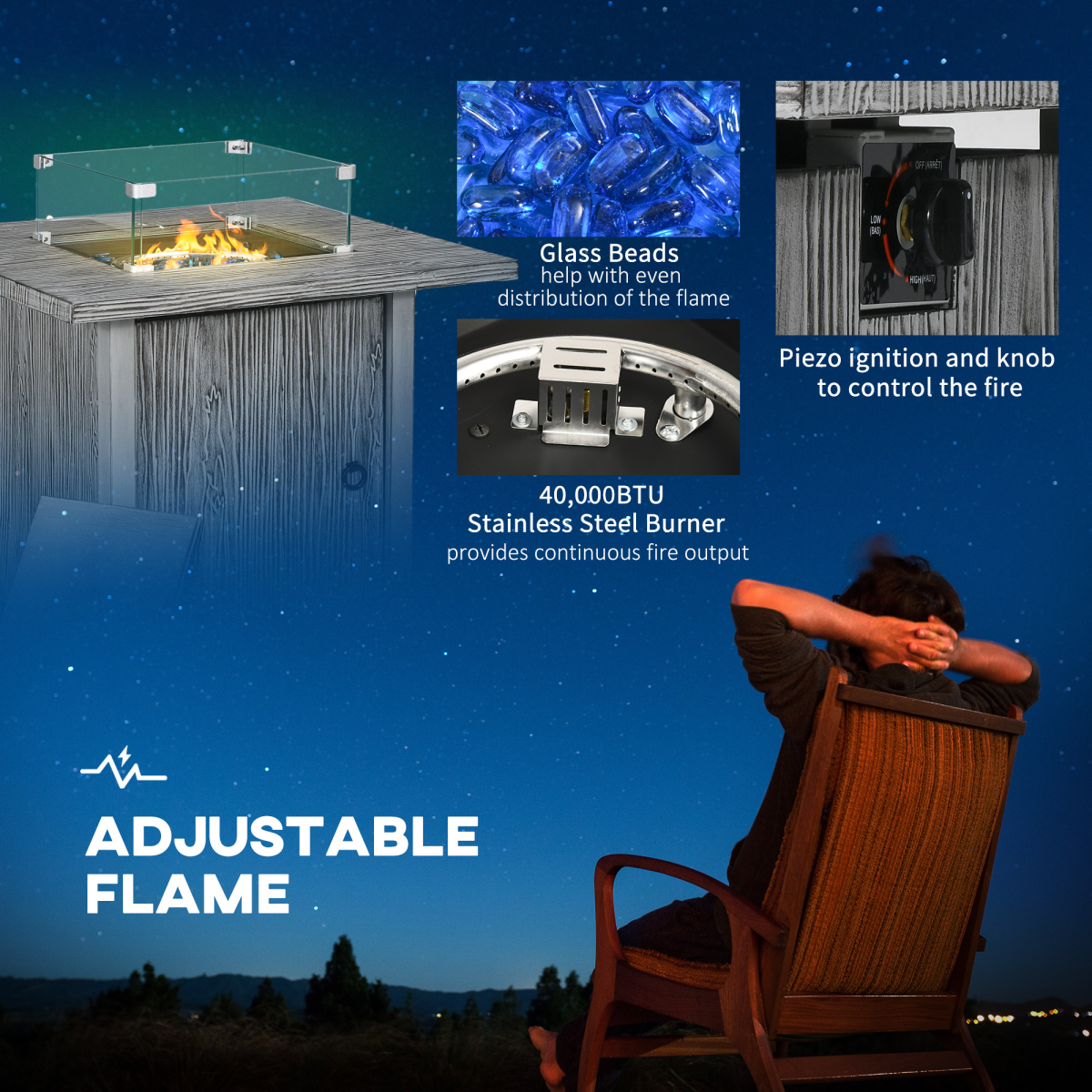 Outsunny Grey Gas Fire Pit Table w/ 50,000 BTU Burner, Cover & Glass Screen - Image 5