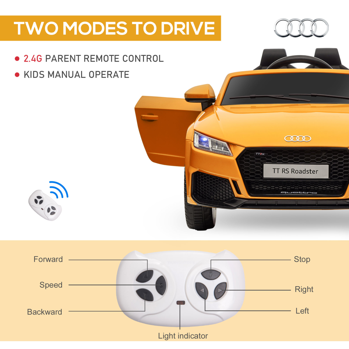 12V Battery Licensed Audi TT RS Ride-On Car w/ Removable Highlights, MP3 Player - Image 5