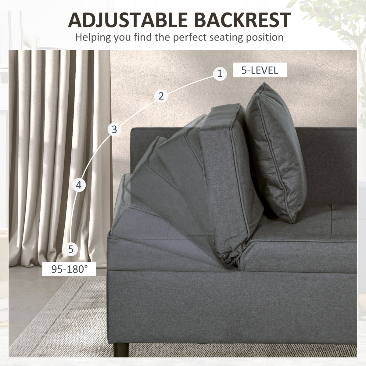 HOMCOM Folding Sleeper Sofa Bed Chair with Pillows, Pocket, Grey - Image 5