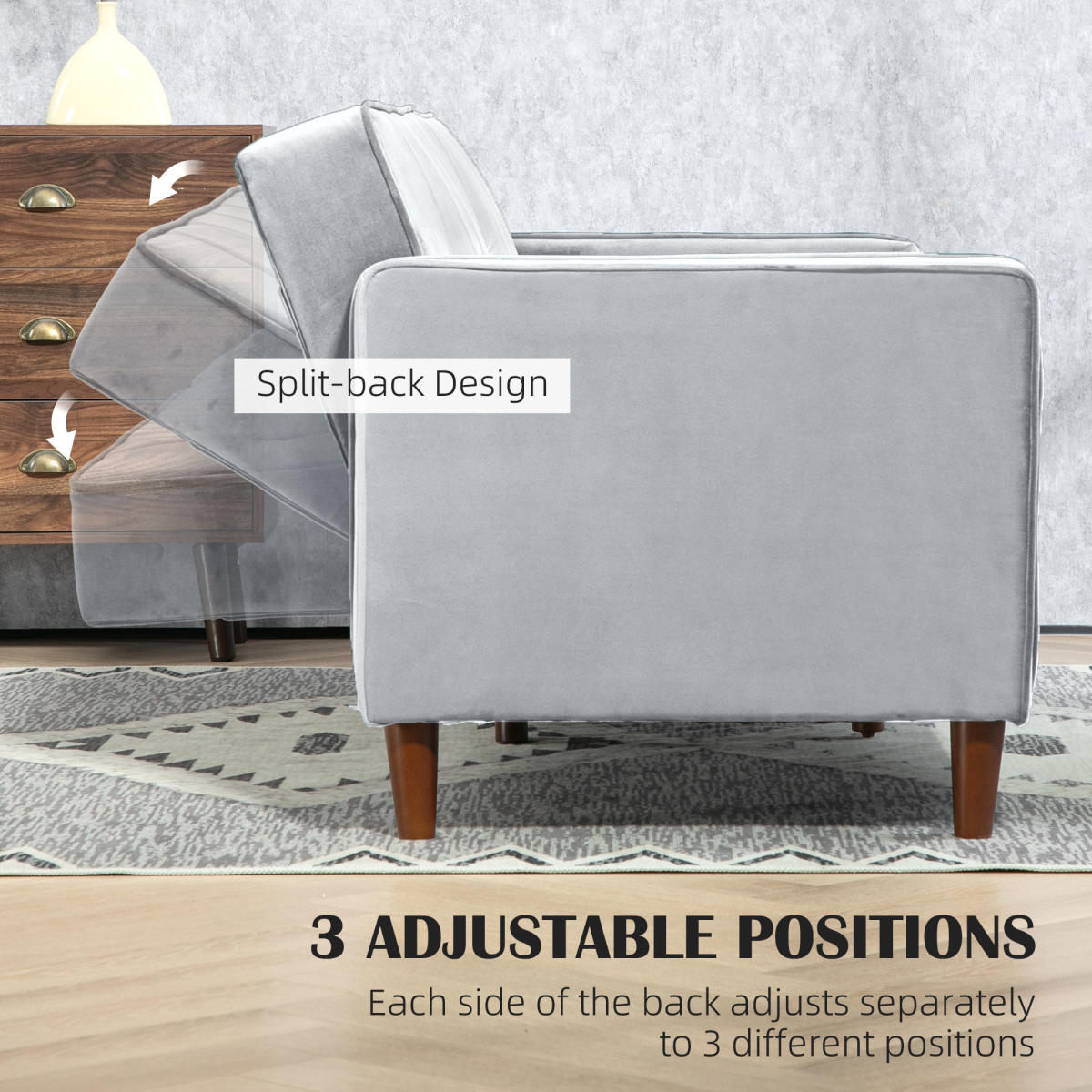 HOMCOM Convertible Sofa Futon Velvet-Touch Tufted Couch Sofa Bed Split Back Grey - Image 5