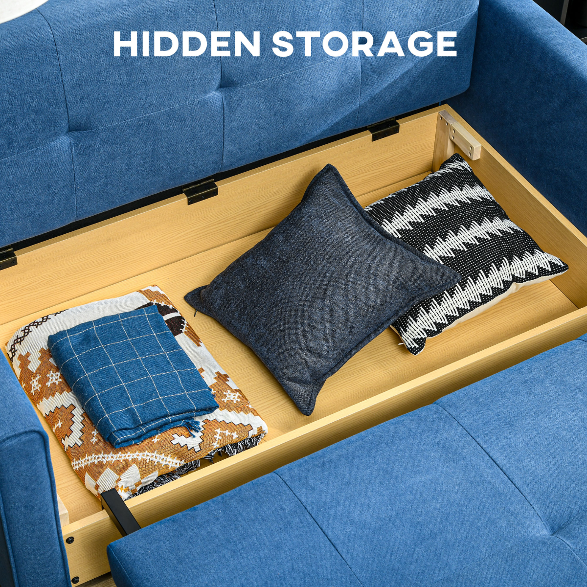 HOMCOM 2 Seater Sofa Bed Convertible Bed Settee w/ 2 Cushions Storage Blue - Image 5