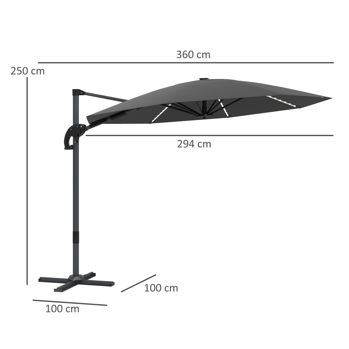 Outsunny 3(m) Garden Parasol w/ Lights, Crank Handle & Cross Base - Image 5