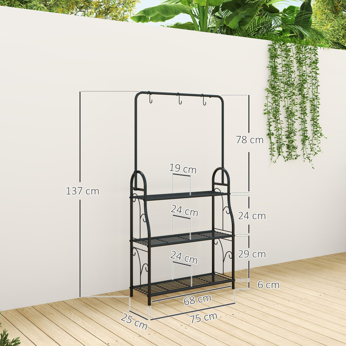 Outsunny 3-Tier Metal Plant Stand w/ Hanging Hooks, Outdoor Balcony, Black - Image 5