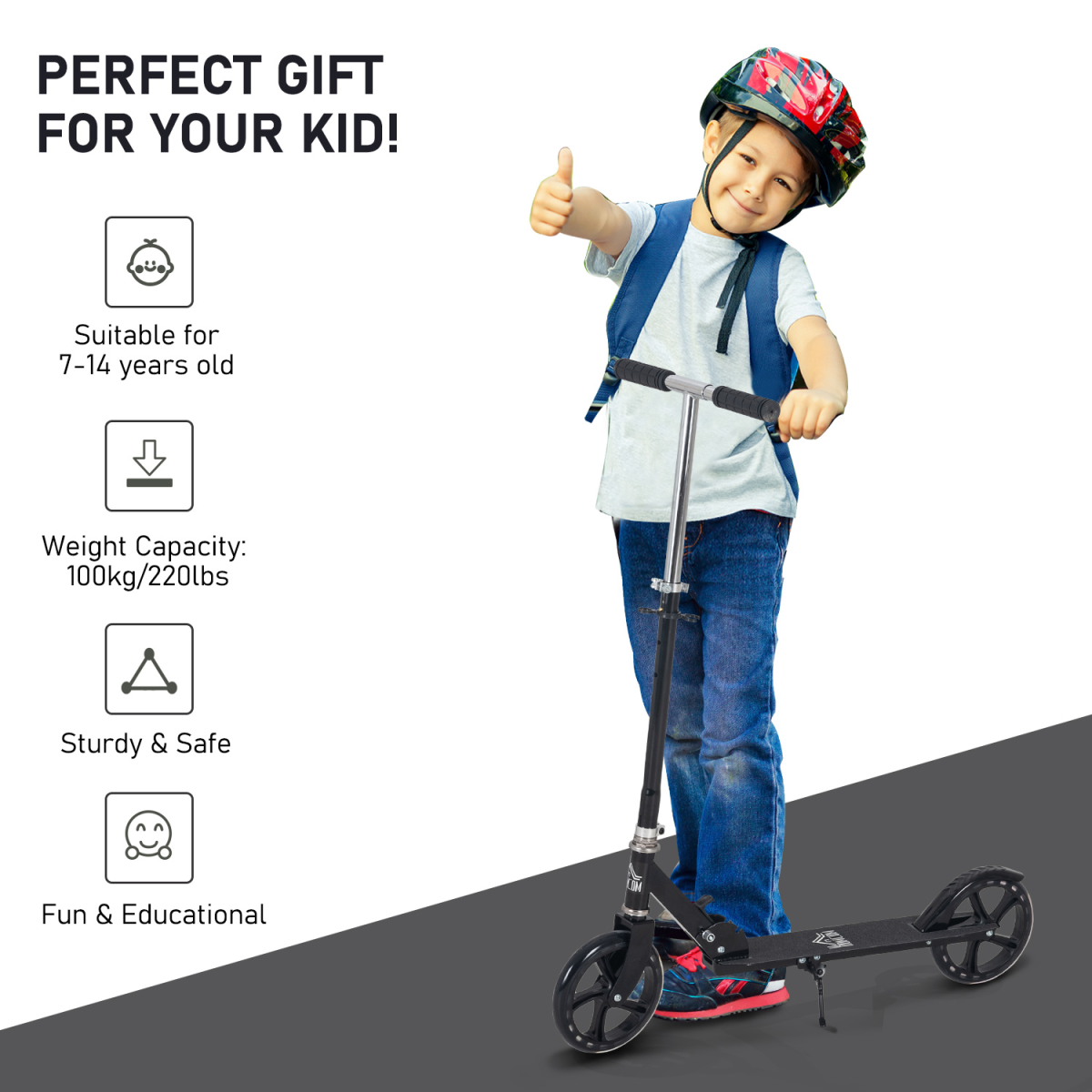 Kids Scooter Ride On Toy Height Adjustable For 7-14 Years, Black HOMCOM - Image 5