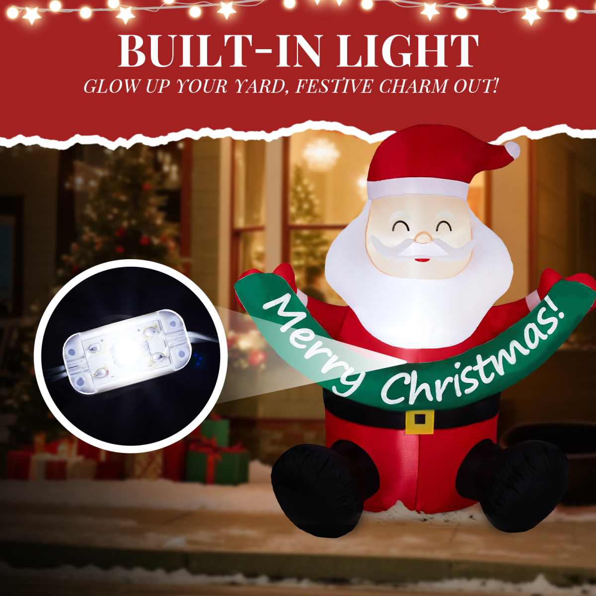 1.75M Lighted Christmas Inflatable Decoration, Inflatable Santa Claus Holding Banner, Funny Blow Up Yard Decorations with Built-in LED Lights for Holiday Party Front Yard Lawn Garden Decor - Image 6