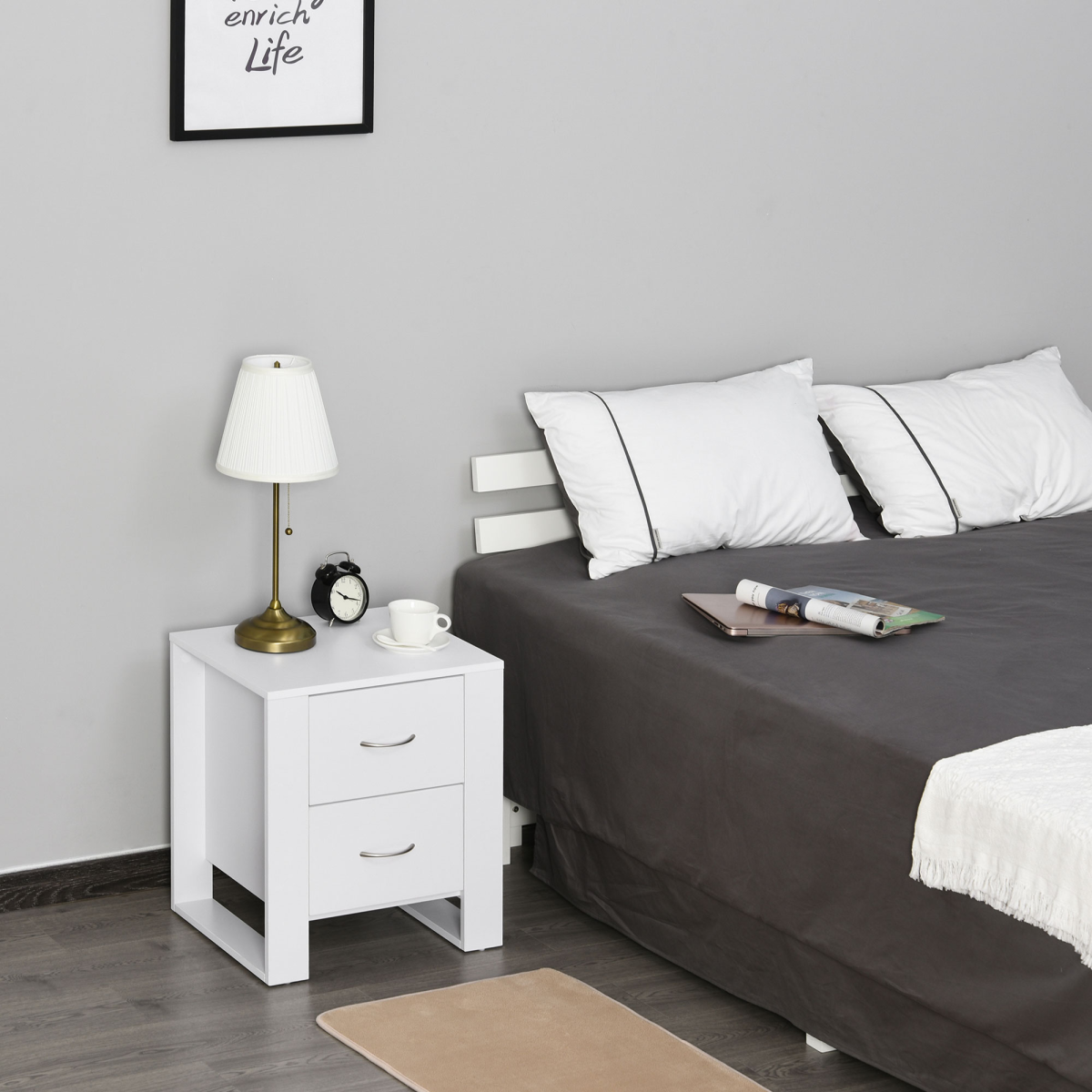White Particle Board 2-Drawer Bedside Table with Silver Handles - Image 6