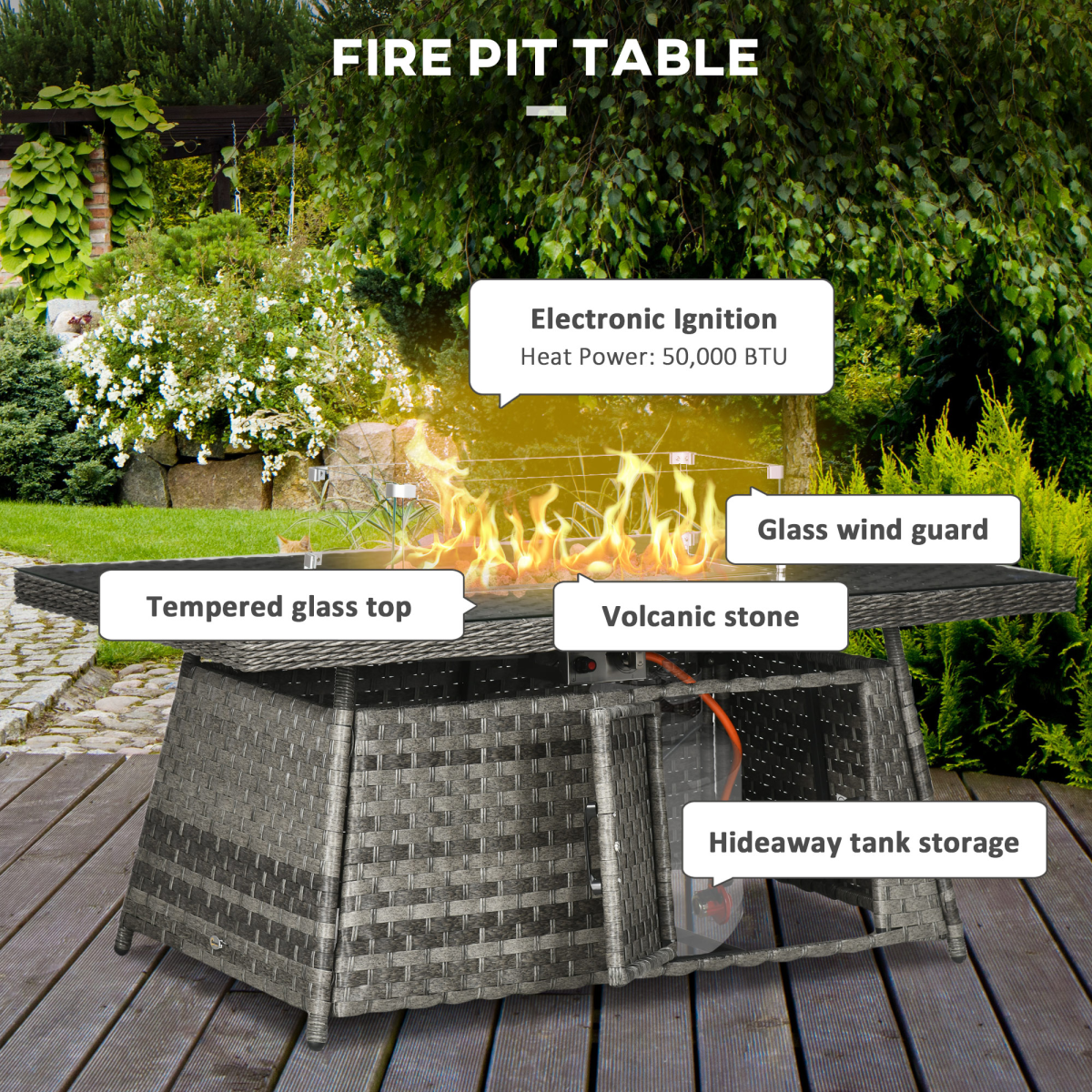 Outsunny 7-Piece Rattan Patio Set w/ 50,000 BTU Gas Fire Pit Table - Image 6