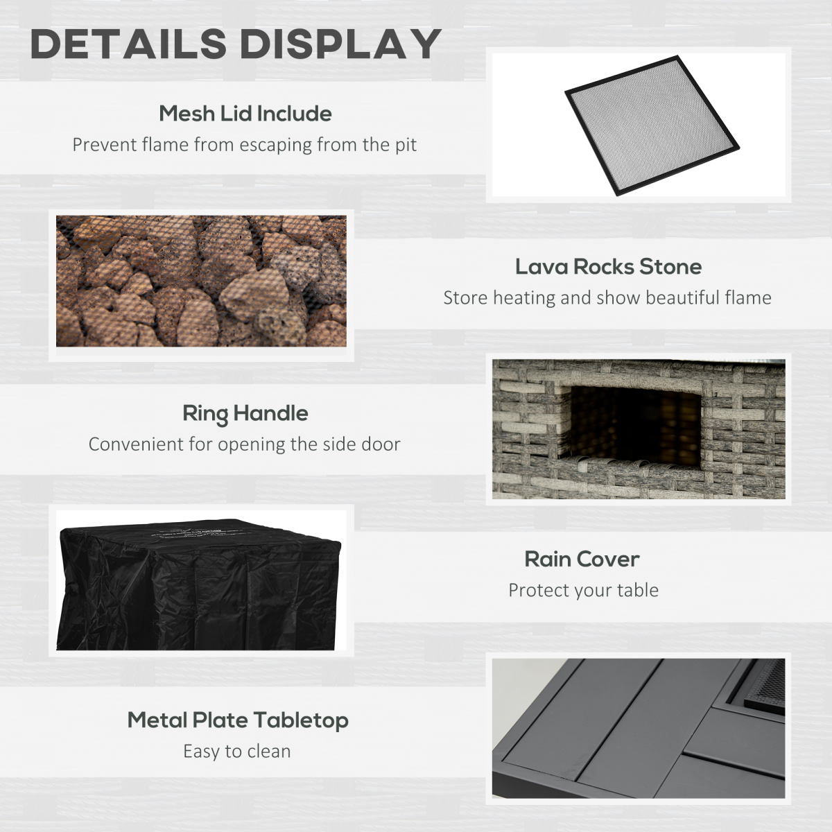 Outsunny 40,000 BTU Gas Fire Pit Table w/ Rain Cover & Mesh Lid, Lava Stone - Image 6