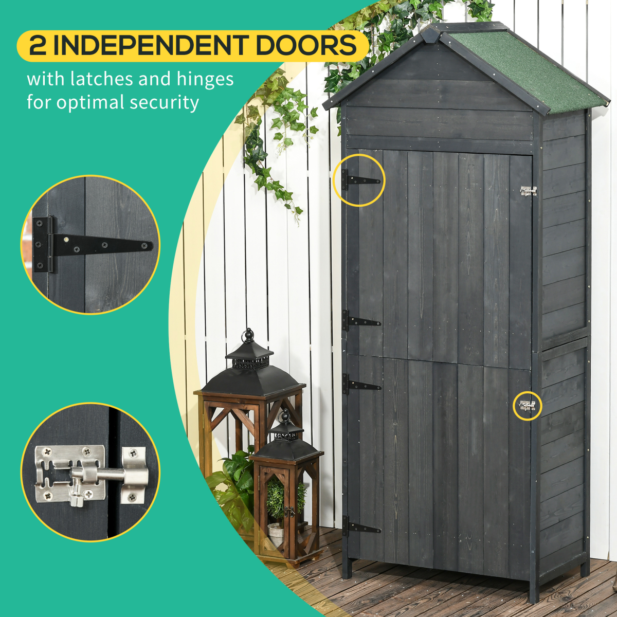 Outsunny Wooden Outdoor Garden Shed Utility Tool Storage Cabinet Grey - Image 6