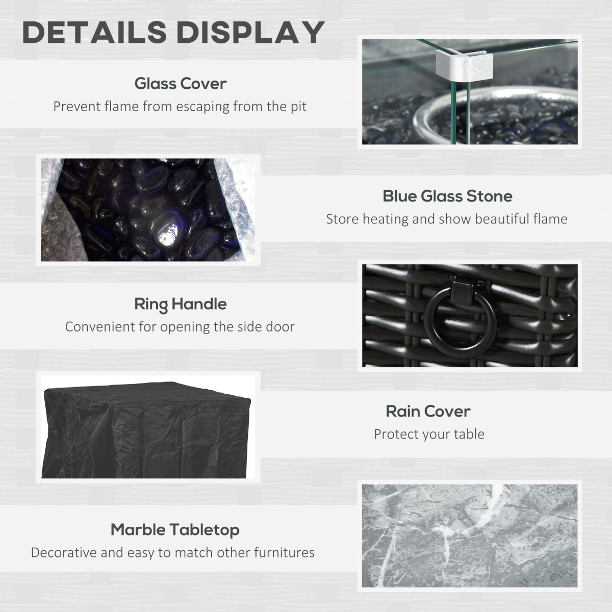 Outsunny 50,000BTU Gas Fire Pit Table w/ Rain Cover, Wind Guard & Glass Stones - Image 6