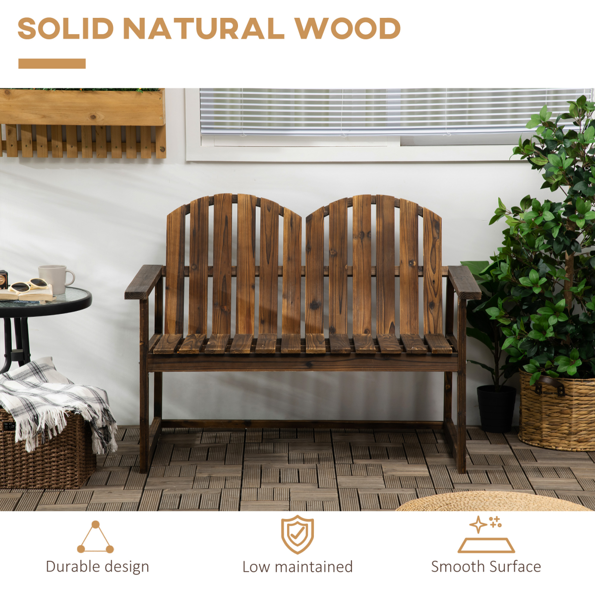 Outdoor Wooden Garden Bench, Patio Loveseat Chair with Slatted Backrest and Smooth Armrests for Two People - Image 6