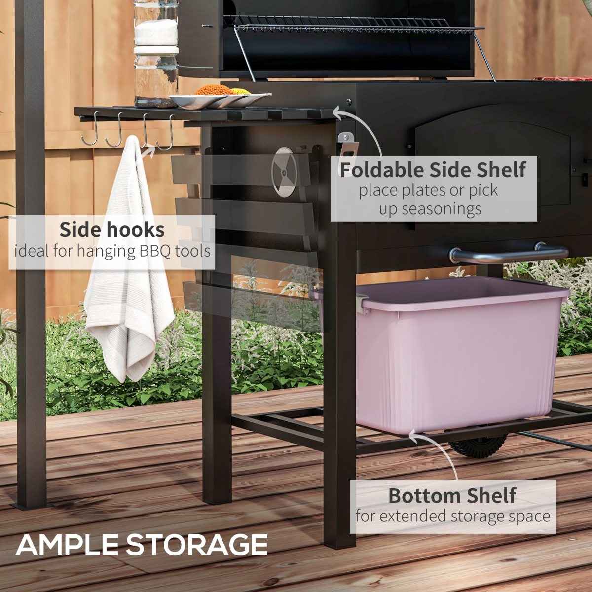 Outsunny 3-in-1 Charcoal BBQ Trolley Smoker w/ Adjustable Charcoal & Thermometer - Image 6