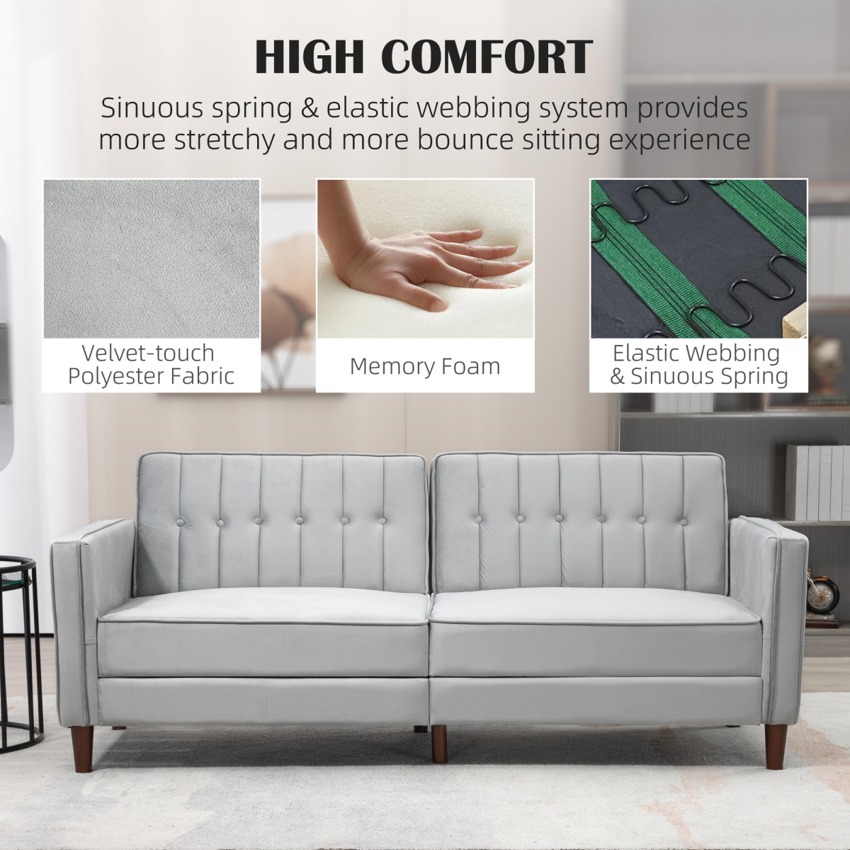 HOMCOM Convertible Sofa Futon Velvet-Touch Tufted Couch Sofa Bed Split Back Grey - Image 6