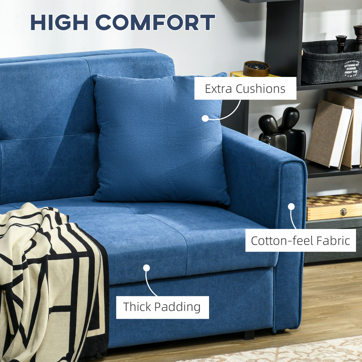 HOMCOM 2 Seater Sofa Bed Convertible Bed Settee w/ 2 Cushions Storage Blue - Image 6