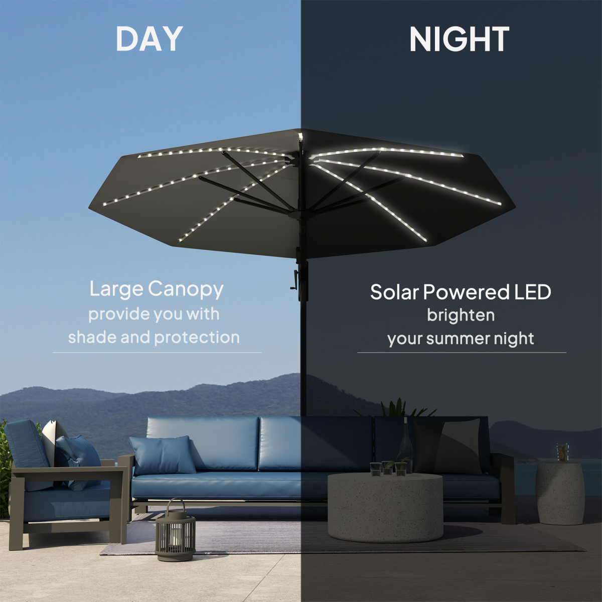 Outsunny 3(m) Garden Parasol w/ Lights, Crank Handle & Cross Base - Image 6