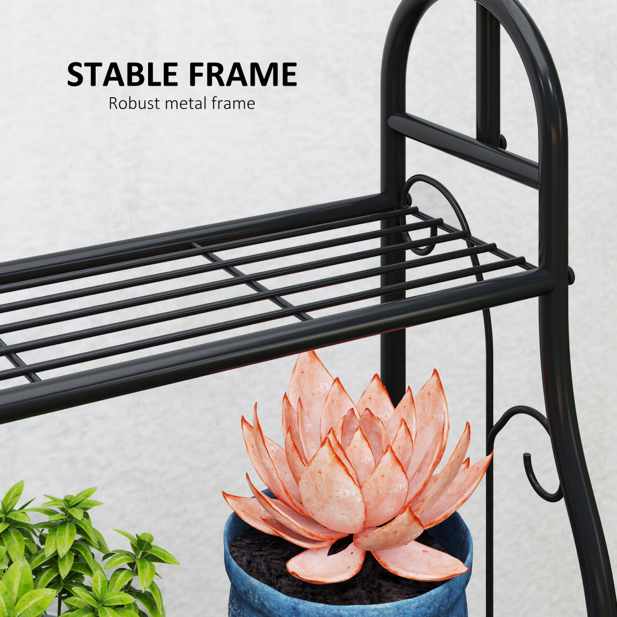 Outsunny 3-Tier Metal Plant Stand w/ Hanging Hooks, Outdoor Balcony, Black - Image 6