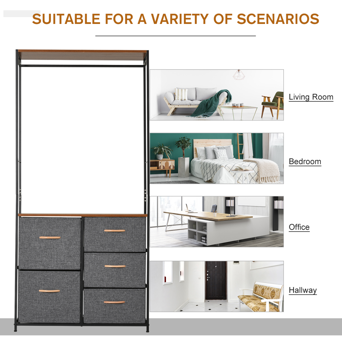 175x83cm Freestanding Steel Coat Rack with Drawers & Oak Shelf - Image 6