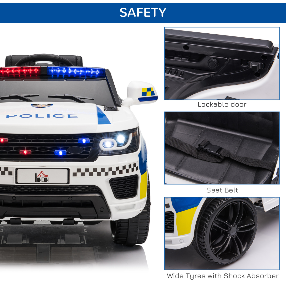 12V Kid Electric Ride On Police Car w/ Remote Siren Bluetooth 3-6 Years HOMCOM - Image 6