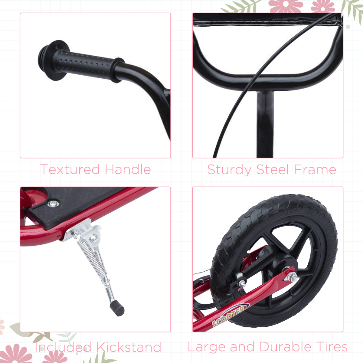 Push Scooter Teen Kids Stunt Bike Ride On with 12" EVA Tyres, Red HOMCOM - Image 6