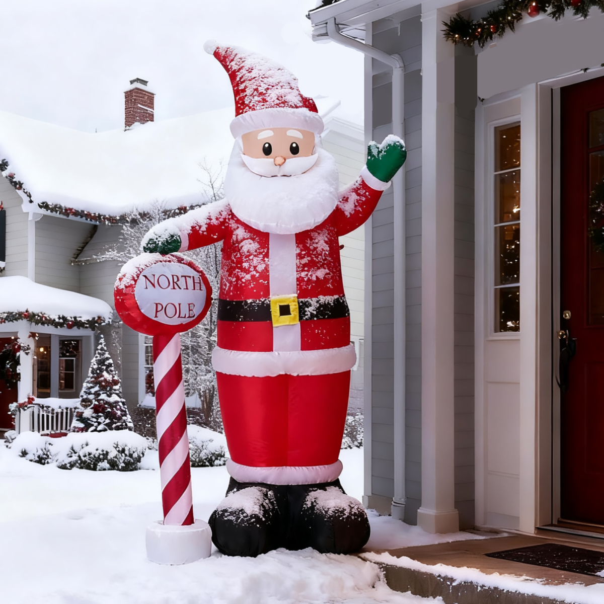 2.45M Lighted Christmas Inflatable Decoration, Inflatable Santa with North Pole Road Sign, Funny Blow Up Yard Decorations with Built-in LED Lights for Holiday Party Front Yard Lawn Garden Decor - Image 7