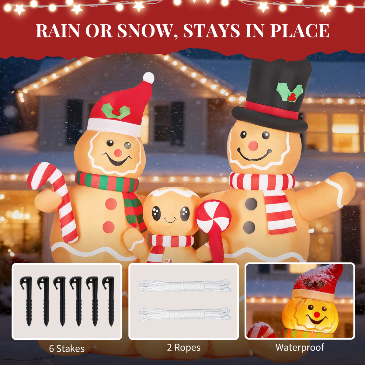 1.9M Lighted Christmas Inflatable Decoration, Inflatable Gingerbread Man Family, Funny Blow Up Yard Decorations with Built-in LED Lights for Holiday Party Front Yard Lawn Garden Decor - Image 7