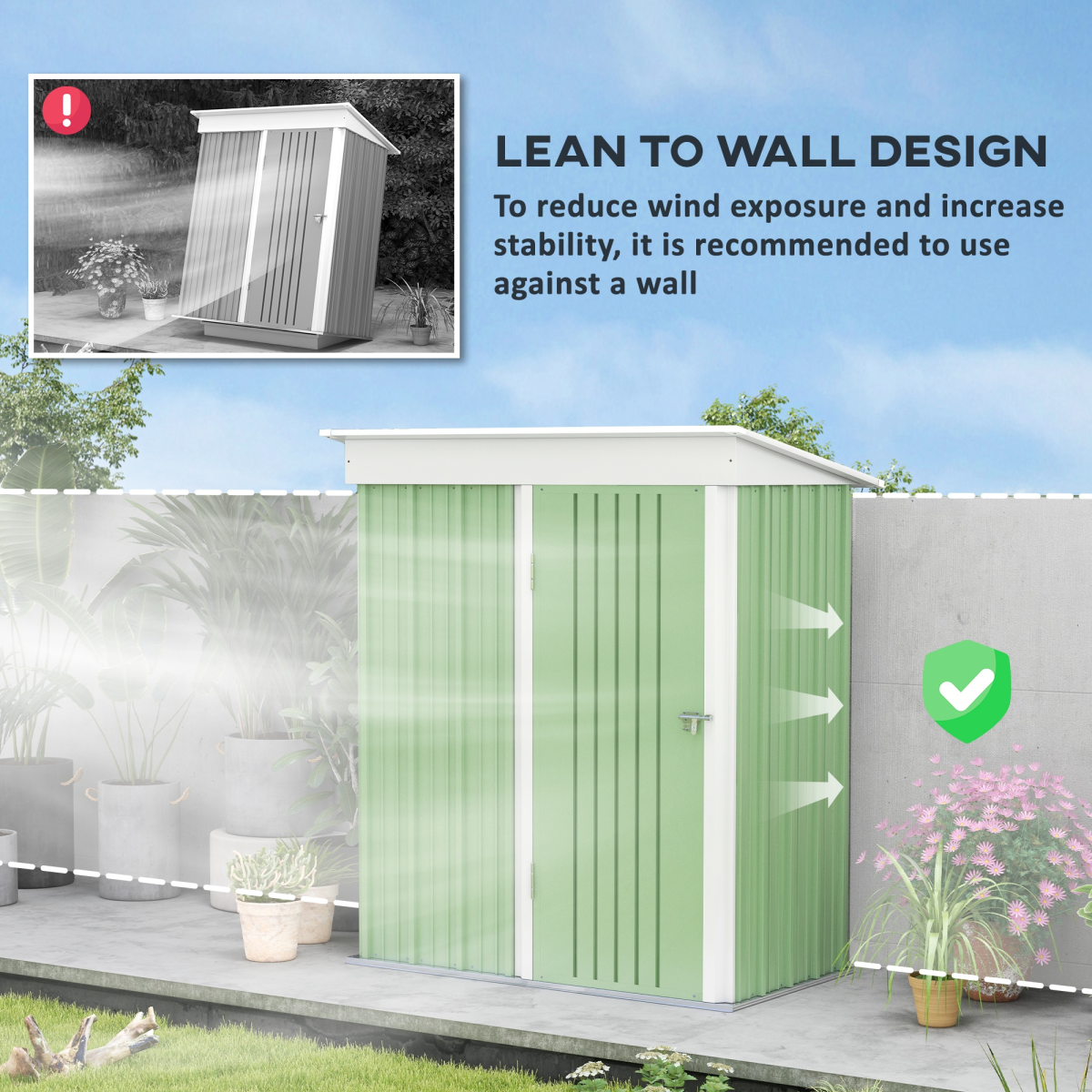 Outsunny 5x3 ft Lean-to Steel Garden Shed, Lockable Door, Green, Small Storage - Image 6