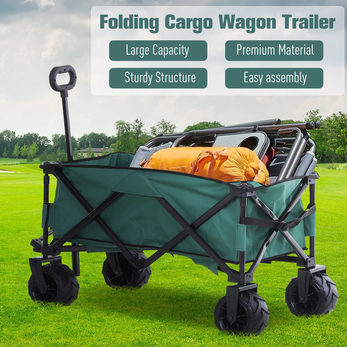 Outsunny Folding Outdoor Cargo Wagon Beach Cart Trailer w/ Telescopic Handle - Image 6