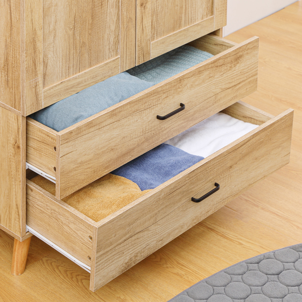 2 Door Wardrobe, Modern Wardrobe w/ 2 Drawer, Hanging Rail for Bedroom Natural - Image 7
