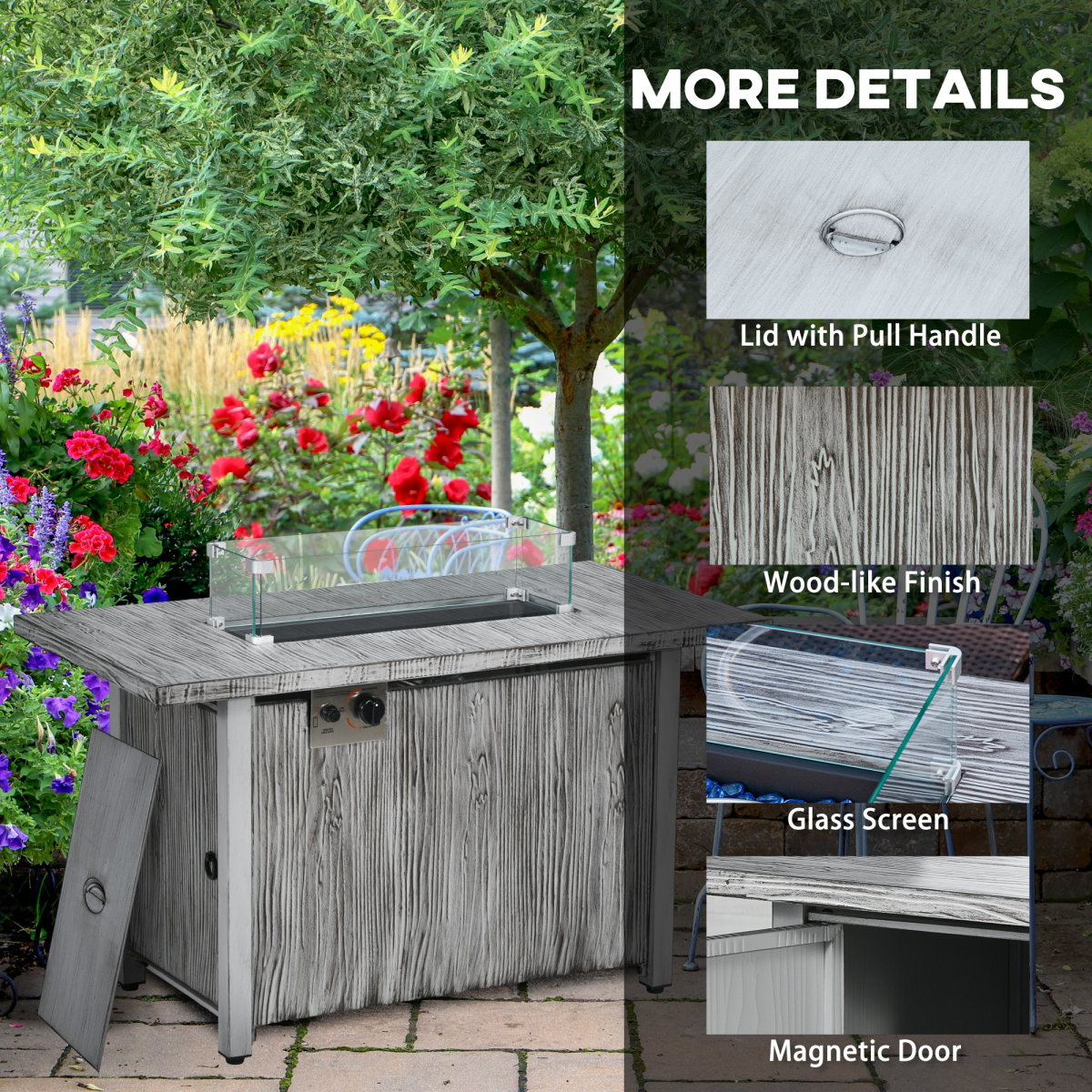 Outsunny Grey Gas Fire Pit Table w/ 50,000 BTU Burner, Cover & Glass Screen - Image 7
