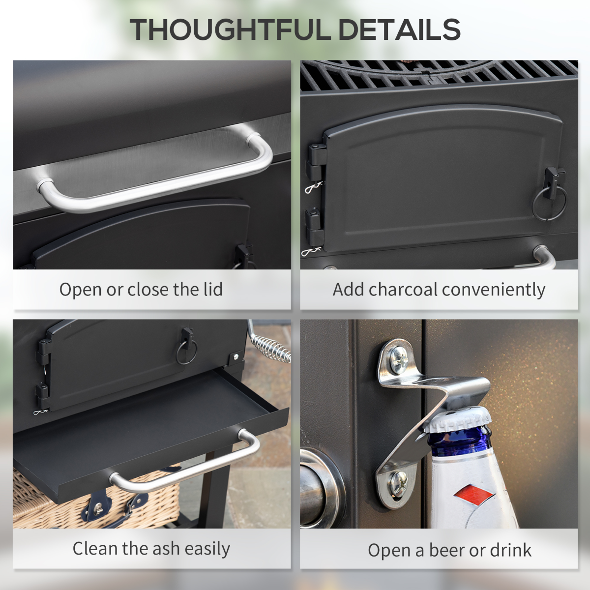 Outsunny 3-in-1 Charcoal BBQ Trolley Smoker w/ Adjustable Charcoal & Thermometer - Image 7