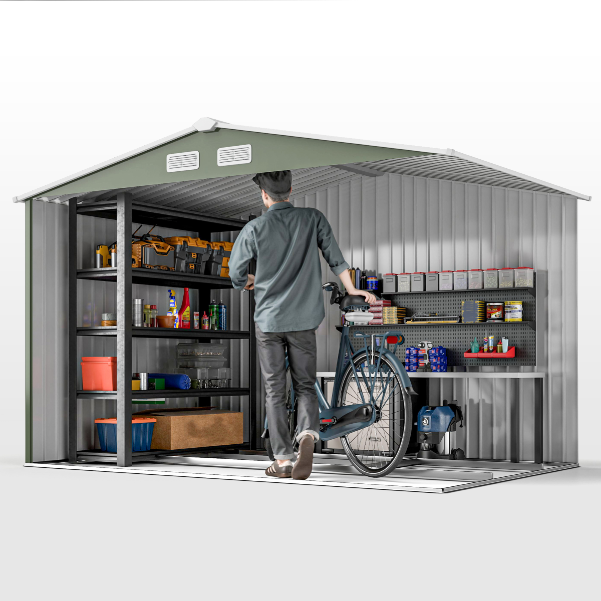 9x6FT Green Metal Storage Shed w/ Foundation, Vent & Sliding Double Doors - Image 7