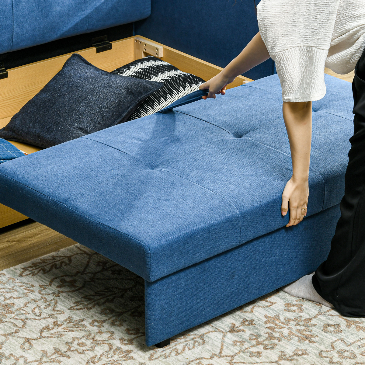 HOMCOM 2 Seater Sofa Bed Convertible Bed Settee w/ 2 Cushions Storage Blue - Image 7